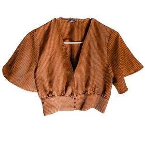 Charlotte Russe Womens Brown Pinstripe Flutter Sleeve Three Button Shrug, Sm.